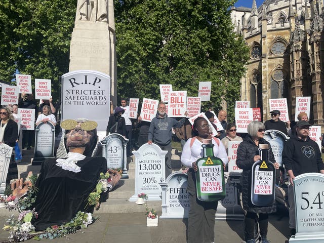 Campaigners opposing the assisted dying legislation demonstrate outside the Palace of Westminster in London, ahead of the Terminally Ill Adults (End of Life) Bill’s report stage.