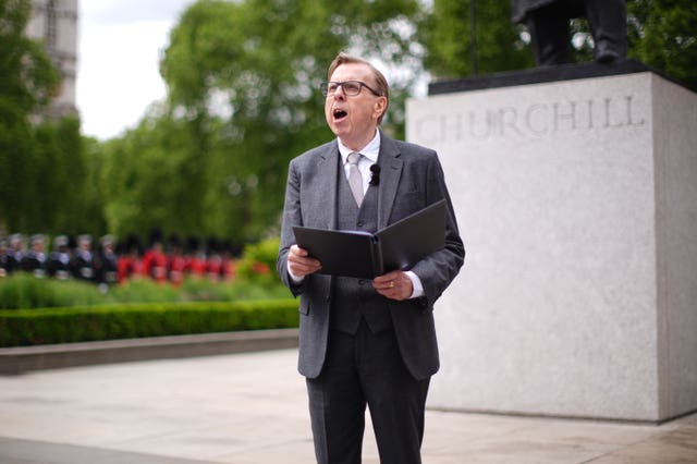 Actor Timothy Spall performs his reading of Sir Winston Churchill’s 1945 victory speech
