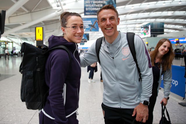 Bronze, England boss Phil Neville and the rest of the squad flew from Heathrow to Nice on Tuesday (Ian Walton/PA).