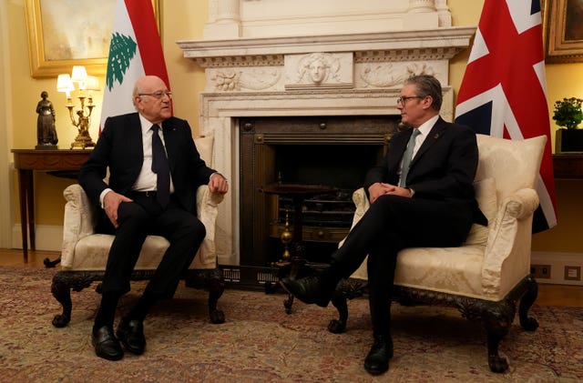 Sir Keir Starmer and Lebanese Prime Minister Najib Mikati sit in the White Room at 10 Downing Street