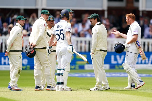 Jonny Bairstow (right) reacts after his controversial stumping by Alex Carey at Lord's in 2023.