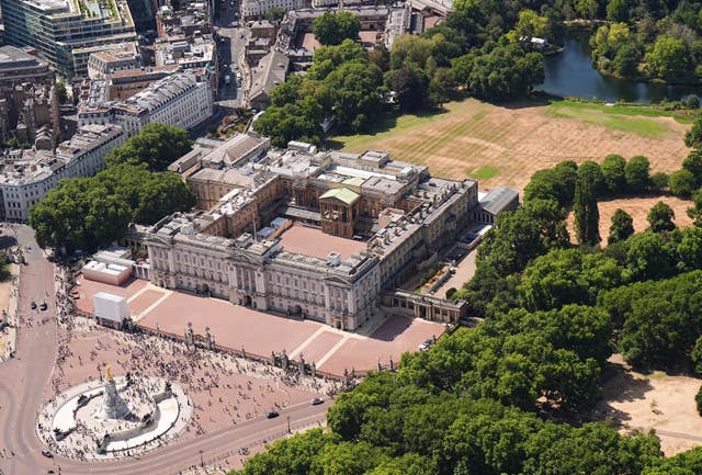 An aerial shot of Buckingham Palace gardens