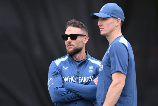 England white-ball head coach Brendon McCullum and captain Harry Brook in conversation