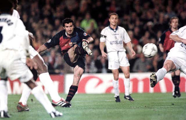 Luis Figo curls in a second