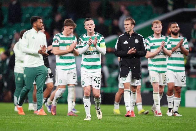 Callum McGregor and his Celtic team-mates after defeat by Braga
