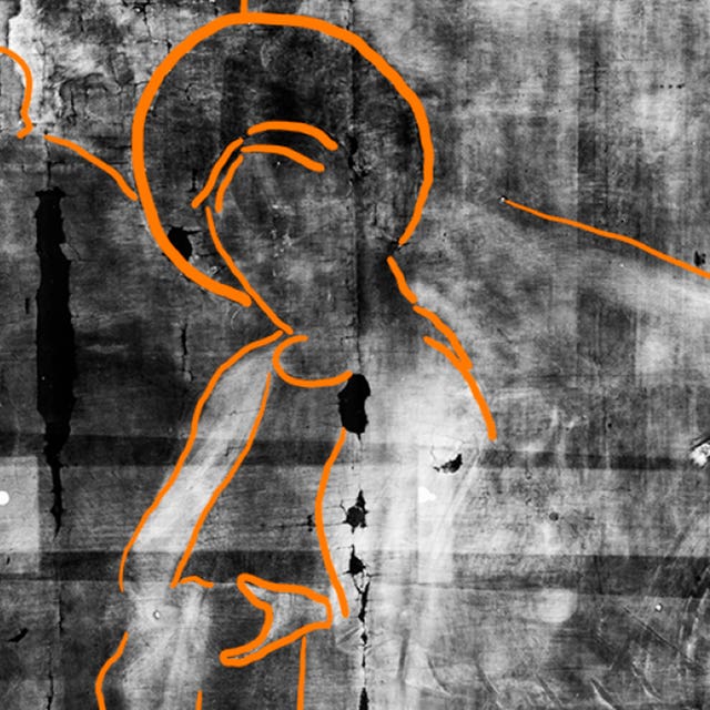 An X-ray of the painting marked with the figure of a King or wise man offering a gift