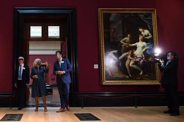 Camilla alongside gallery director Gabriele Finaldi (right) and chair of the board of trustees Tony Hall, during a July visit to the National Gallery. Ben Stansall/PA Wire