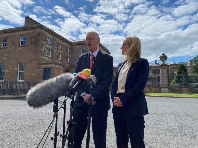 Northern Ireland Secretary Hilary Benn and Chief Secretary to the Treasury Lucy Rigby speaking to the media