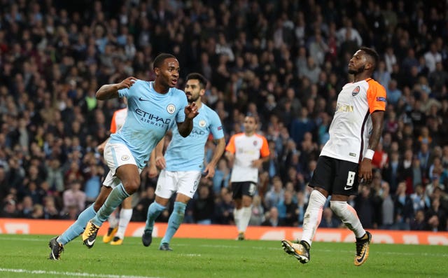 Raheem Sterling celebrates scoring against Shakhtar last season