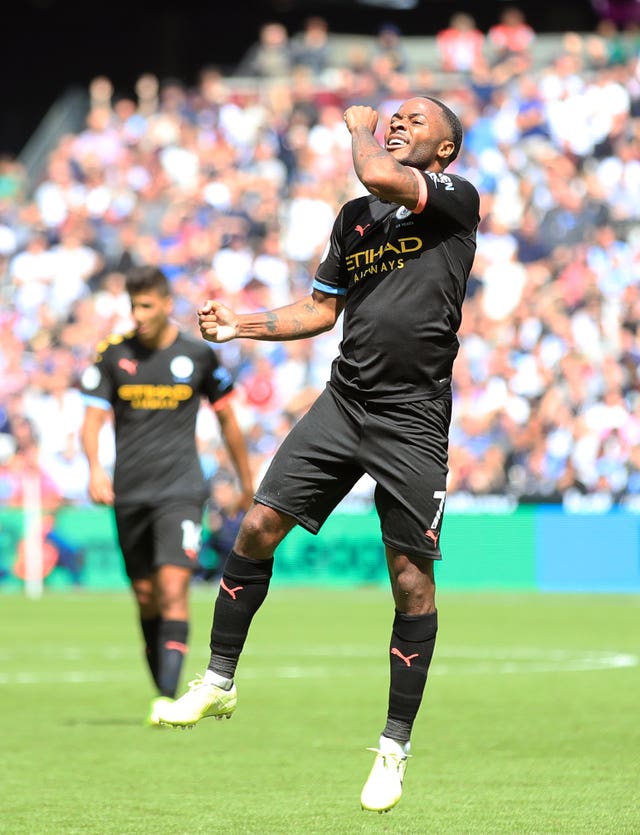 Sterling celebrates scoring City''s third of the match 
