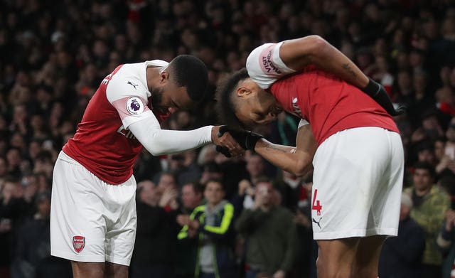 Alexandre Lacazette celebrates scoring Arsenal's second goal of the game with Pierre-Emerick Aubameyang