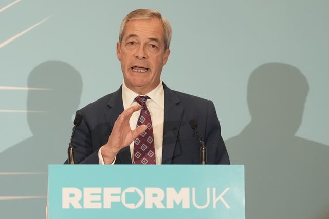 Nigel Farage speaking from behind a Reform UK lectern