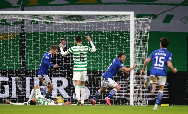 Chris Kane celebrates his opener for St Johnstone