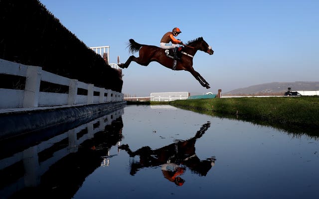 Theatre Territory flies over the water jump at Cheltenham