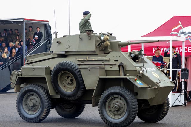 A Humber armoured vehicle from the Second World War similar to what the Queen's late father Major Bruce Shand MC & Bar would have commanded parades past Queen Camilla during her to visit to the Royal Lancers regiment, her first visit to the regiment since being appointed as their Colonel-in-Chief, at Munster Barracks, Catterick Garrison, North Yorkshire