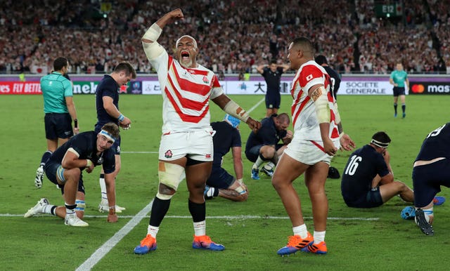 Japan's Isileli Nakajima celebrates victory over Scotland