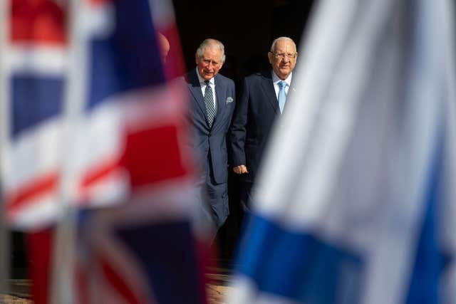 Prince Charles with President Reuven Rivlin, right, at his official residence in Jerusalem