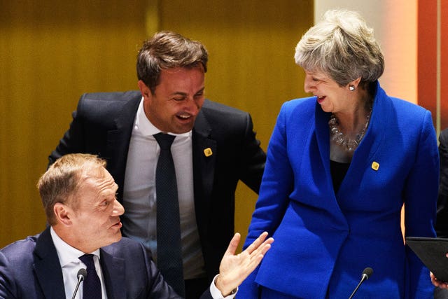 Donald Tusk and Mrs May with Luxembourg’s prime minister Xavier Bettel