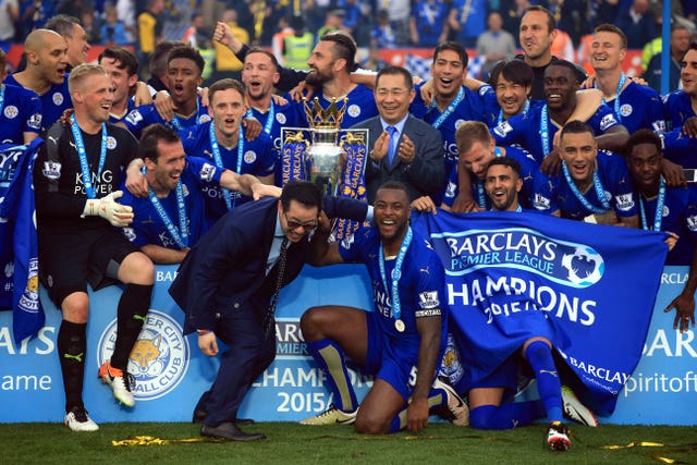 Leicester City celebrate winning the Barclays Premier League