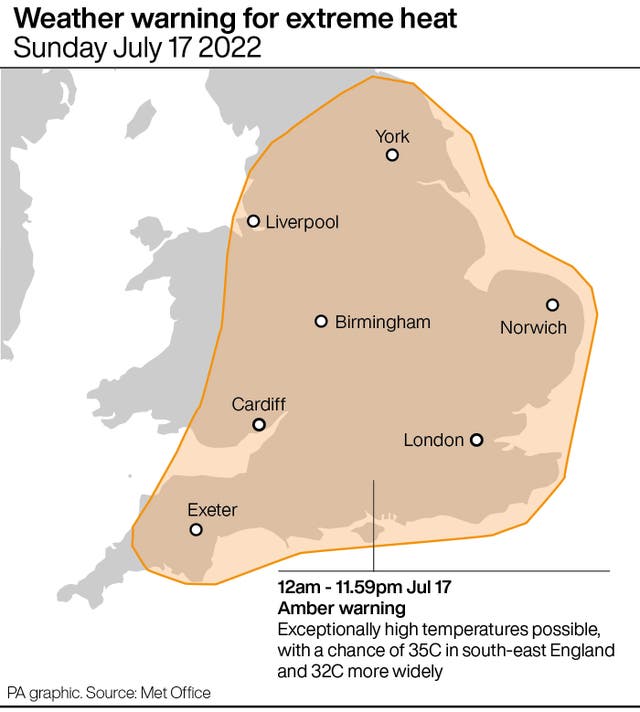 Weather warning for extreme heat Sunday July 17 2022