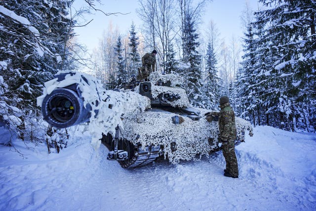 A Challenger 2 main battle tank in arctic camouflage