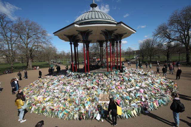 Floral tributes for Sarah Everard near the bandstand on Clapham Common