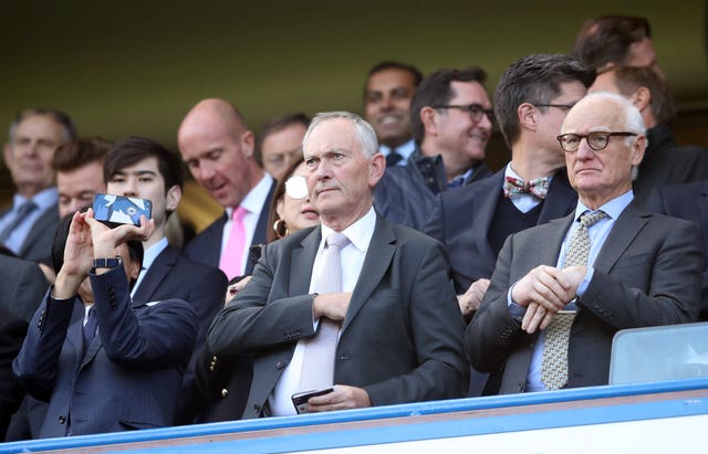 Premier League executive chairman Richard Scudamore, centre, and Chelsea chairman Bruce Buck, right