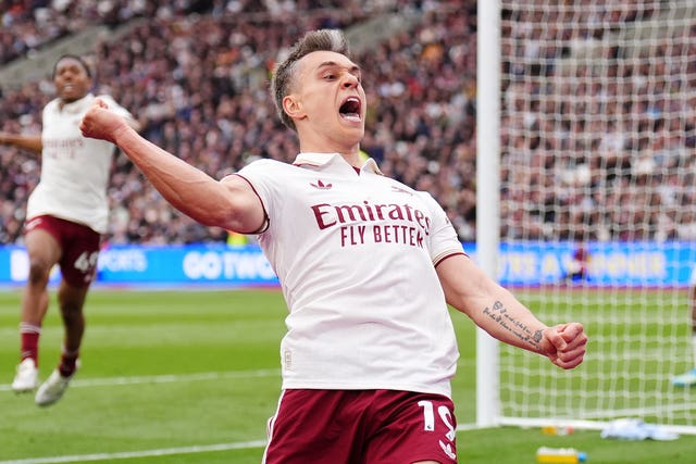 Arsenal’s Leandro Trossard celebrates scoring