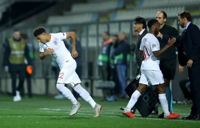 Jadon Sancho, left, came on for Sterling against Croatia