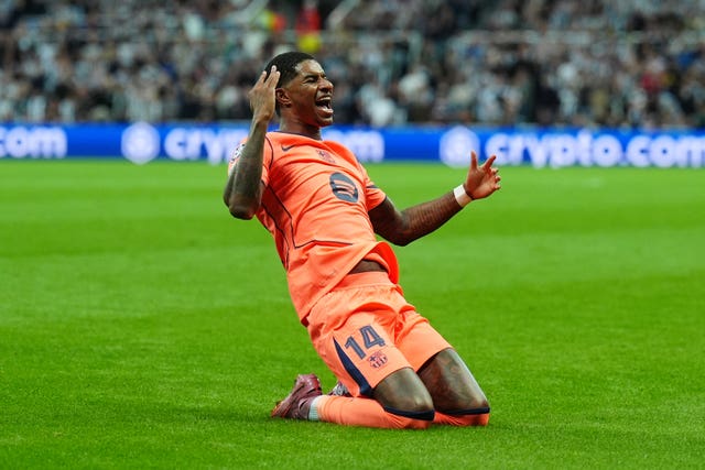 Barcelona’s Marcus Rashford celebrates after scoring his first goal at Newcastle