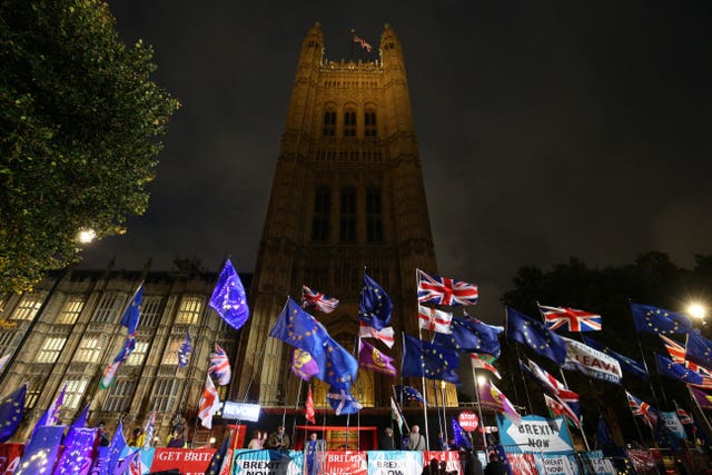 Protest flags outside the Palace of Westminster