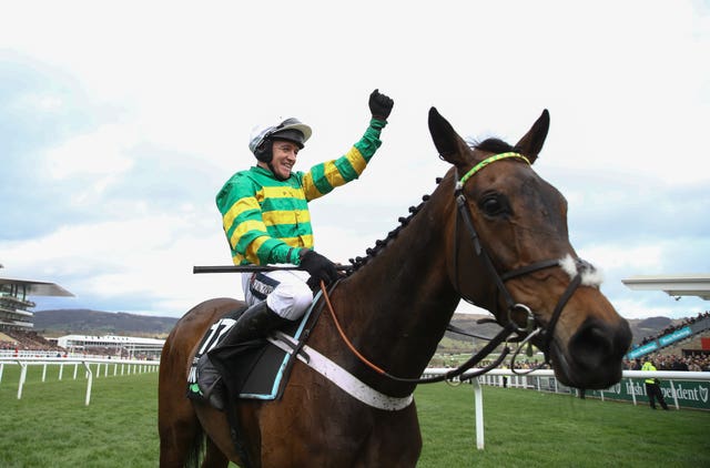 Barry Geraghty celebrates victory in last year's Champion Hurdle with Epatante