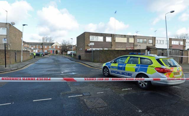 Police close to the scene in Goldwing Close, Canning Town (Kirsty O'Connor/PA)