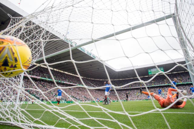 The ball hits the net after Ntcham puts Celtic in front