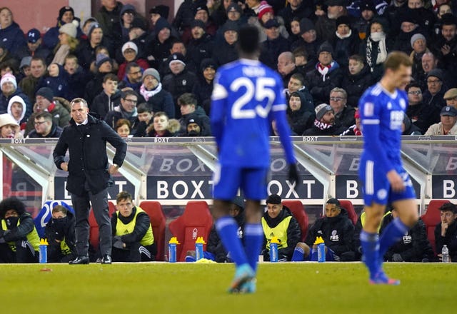 Brendan Rodgers, left, looks on in dismay during Leicester''s loss to Nottingham Forest