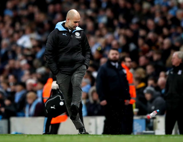 Manager Pep Guardiola kicked a bottle after Fernandinho scored an own-goal to give Crystal Palace a draw
