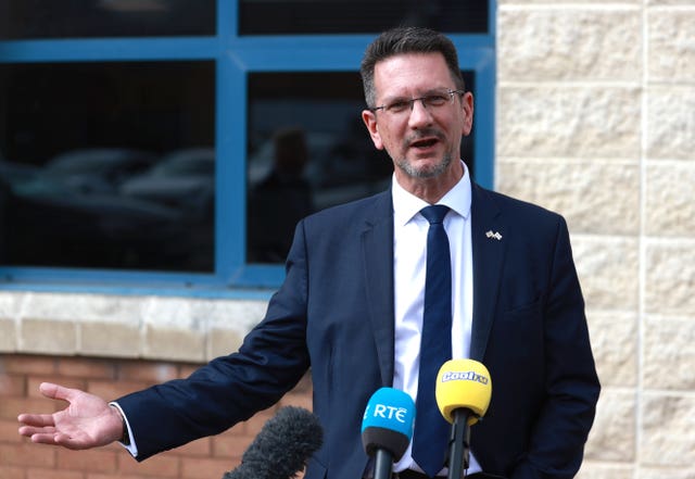 Northern Ireland minister Steve Baker speaking to the media at Ionic Technologies in Belfast