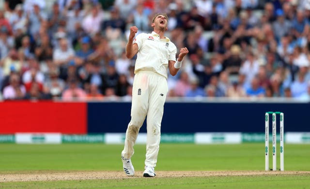 Stuart Broad celebrates taking the wicket of Australia’s Steve Smith 