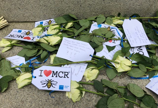 Floral tributes left in St Ann’s Square in Manchester city centre to remember the second anniversary of the Manchester Arena terror attack