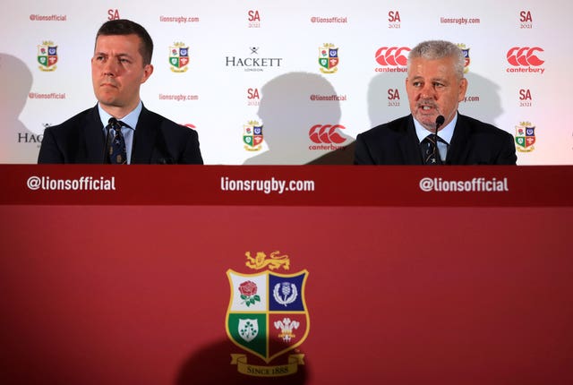 British and Irish Lions head coach Warren Gatland (right) and managing director Ben Calveley (left) 