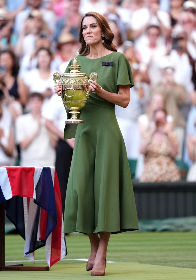 The Princess of Wales ahead of presenting the Gentlemen’s Singles winners trophy to Jannik Sinner on day fourteen of the 2026 Wimbledon Championships at the All England Lawn Tennis and Croquet Club, London