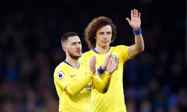 Eden Hazard, left, and David Luiz applaud the Chelsea fans after a 2019 game at Everton
