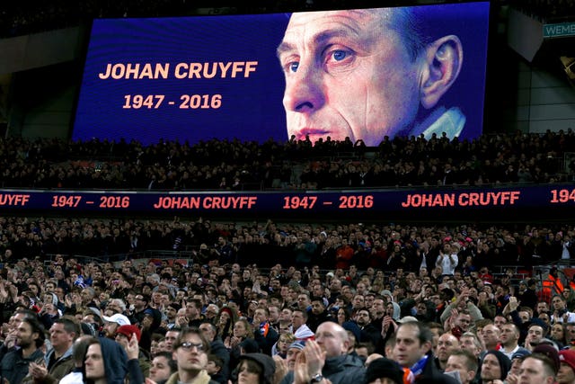 The Wembley crowd hold applause in the 14th-minute of England's 2016 friendly with Holland to commemorate Johan Cruyff, the Dutch footballer and manager who had recently died.