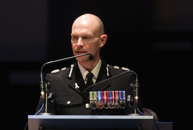 Thames Valley Police Chief, Constable Jason Hogg makes a speech during a memorial event at Reading Town Hall ahead of an unveiling of a specially commissioned memorial stone in Reading, dedicated to the memory of Police Constable Andrew Harper