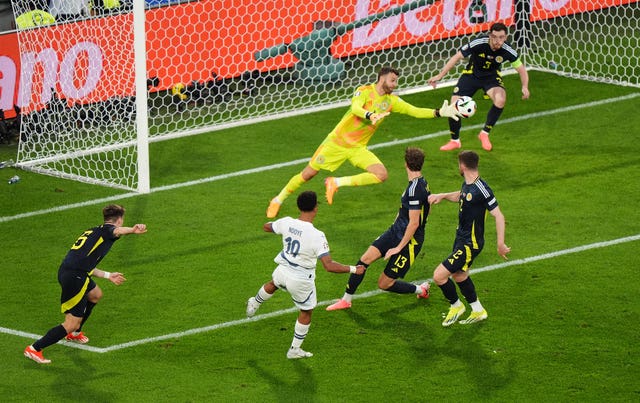 Angus Gunn dives to his left to ave from Switzerland’s Dan Ndoye