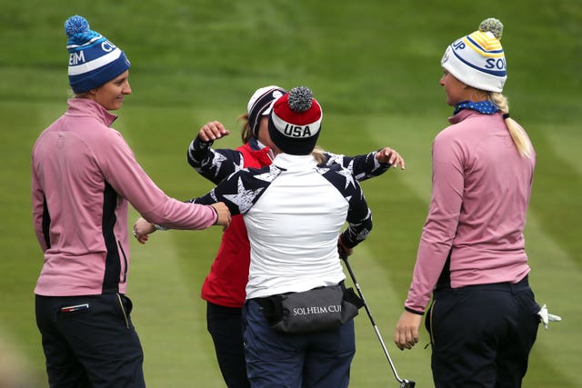 Marina Alex and Morgan Pressel (centre) celebrate beating Anne Van Dam (left) and Anna Nordqvist