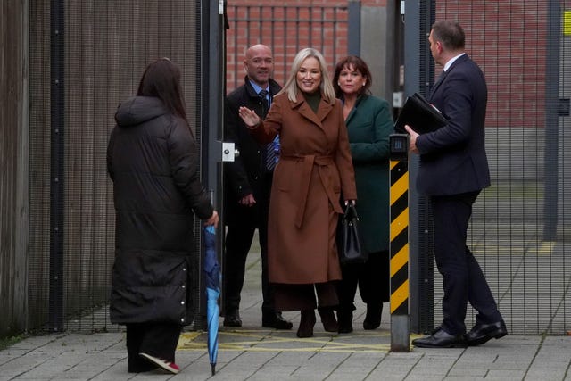 Mary Lou McDonald and Michelle O’Neill outside Musgrave PSNI station