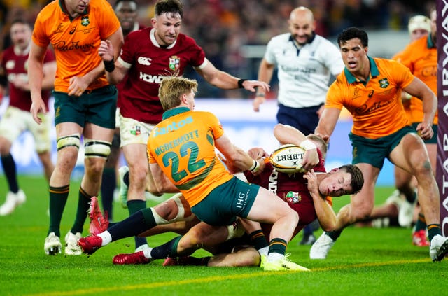 Huw Jones of the British and Irish Lions scoring his sides third try