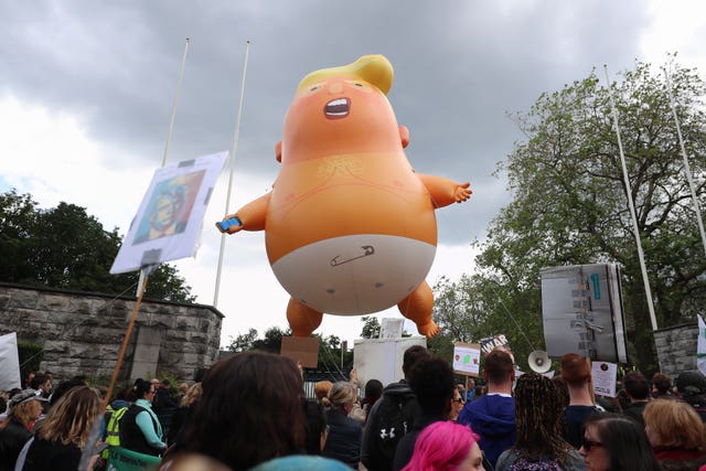 The Trump baby blimp is flown at the Garden of Remembrance in Dublin during US President Donald Trump’s visit to the Republic of Ireland