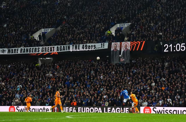 Supporters banner at Rangers v Roma